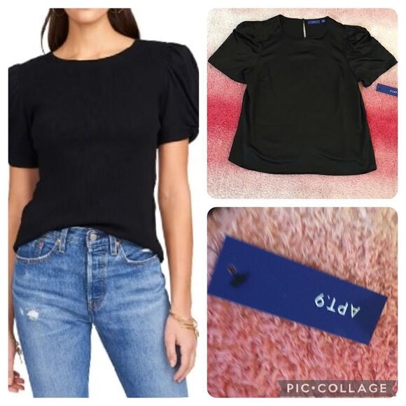 APT 9 keyhole back, silky puff pleated sleeve top - Picture 1 of 7